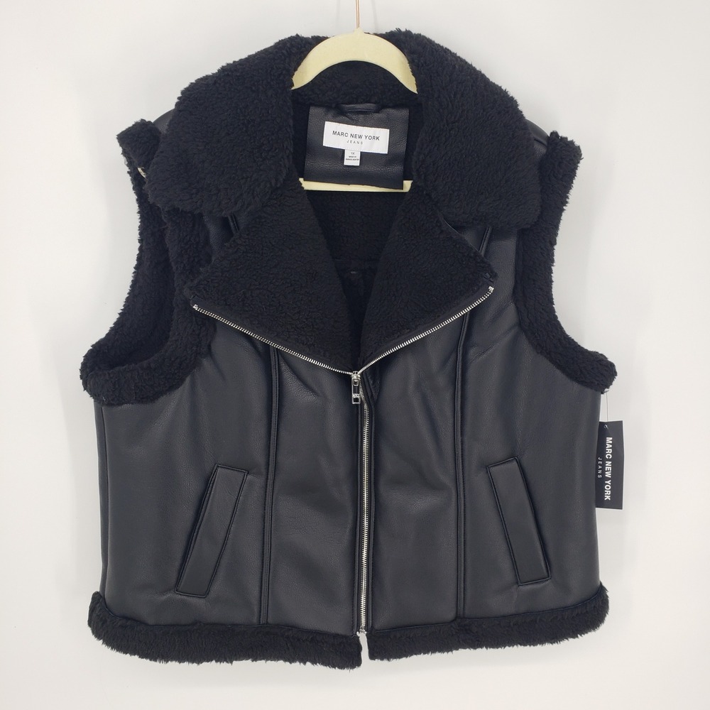 Marc New York Faux Leather Sherpa Lined Moto Vest Womens Size 1X Black Biker NEW